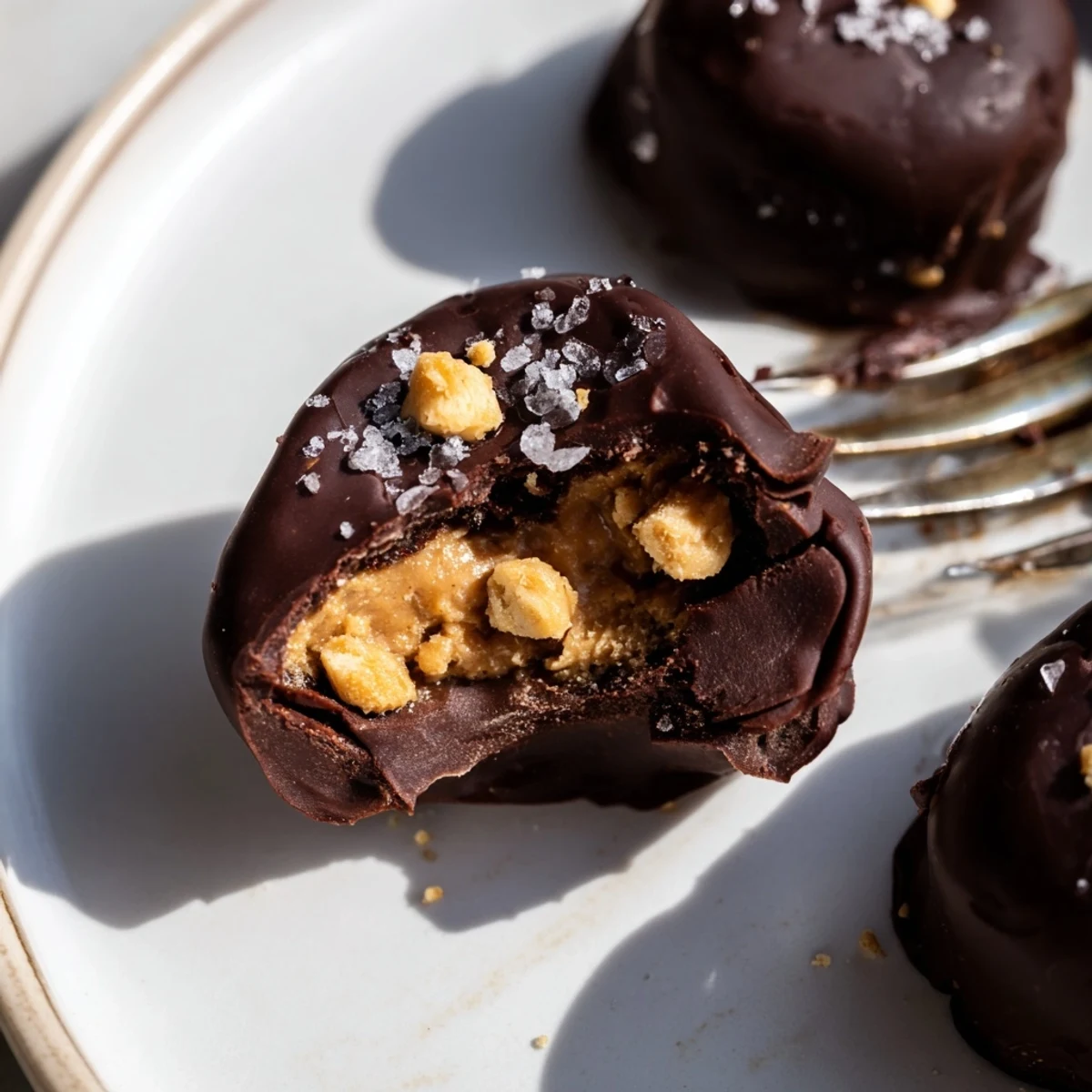 Homemade Date Snickers stuffed with peanut butter and peanuts dipped in dark chocolate