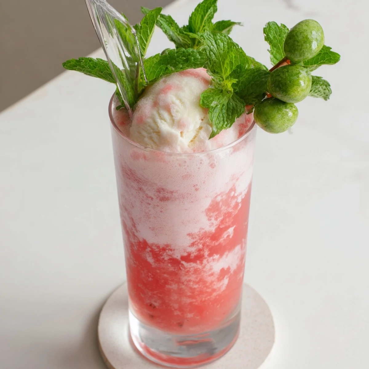 Refreshing watermelon ice cream floats with creamy vanilla scoops and fizzy lemon-lime soda garnished with fresh mint