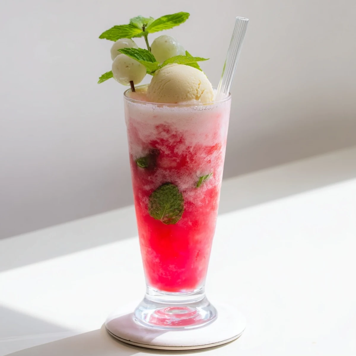 Summer watermelon ice cream floats with bubbling soda, creamy scoops, and fresh watermelon garnish in clear glasses