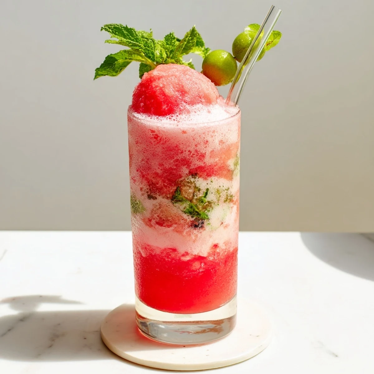 Tall glass of watermelon ice cream float featuring sweet watermelon puree topped with melting vanilla ice cream