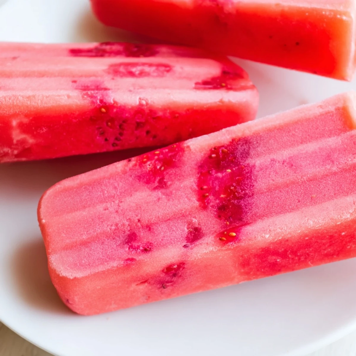 Frozen strawberry watermelon popsicles with vibrant red layers and wooden sticks ready for summer treats