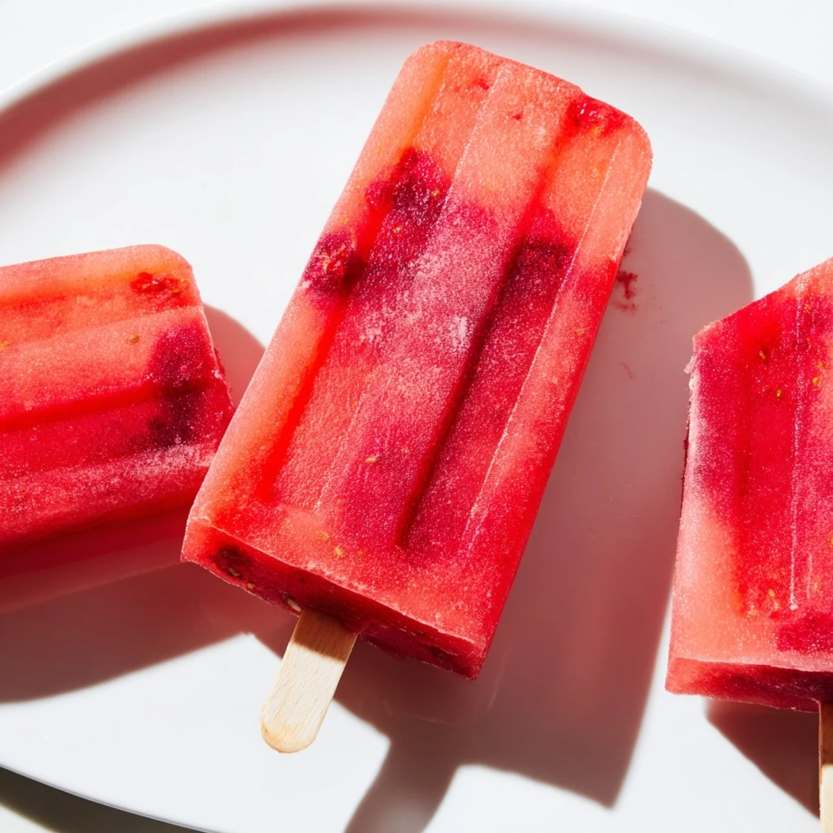 Fresh strawberry watermelon popsicles displayed on white popsicle mold with juicy fruit puree texture