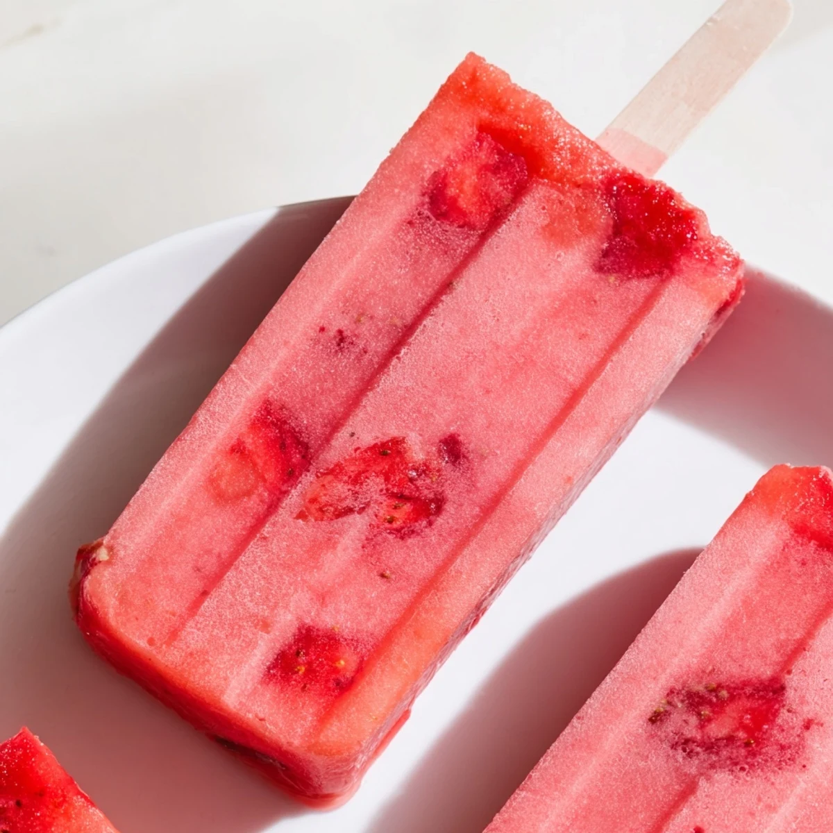 Homemade strawberry watermelon popsicles featuring swirled pink fruit mixture garnished with fresh mint leaves