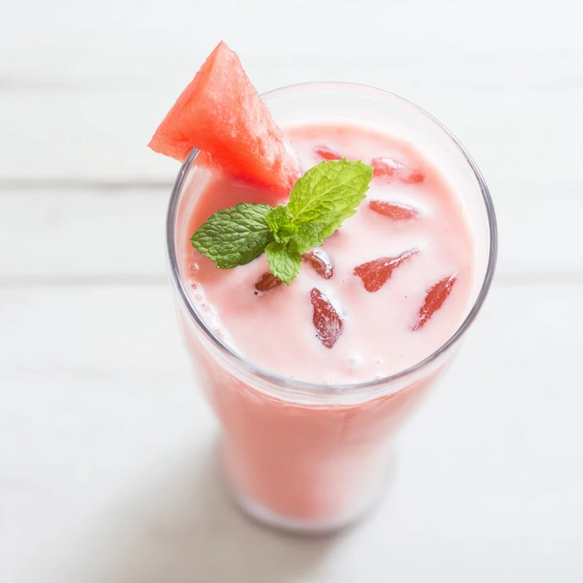 Tall glass of pink watermelon milkshake topped with fresh mint and watermelon wedge