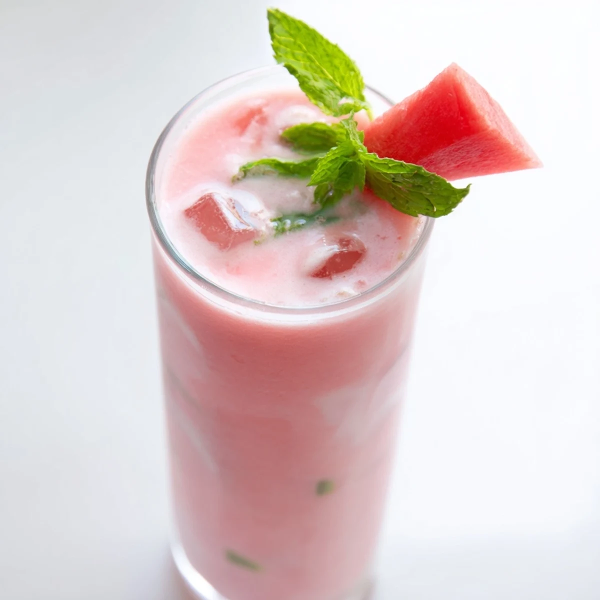 Refreshing pink watermelon milkshake with whipped cream and garnish for summer dessert treat