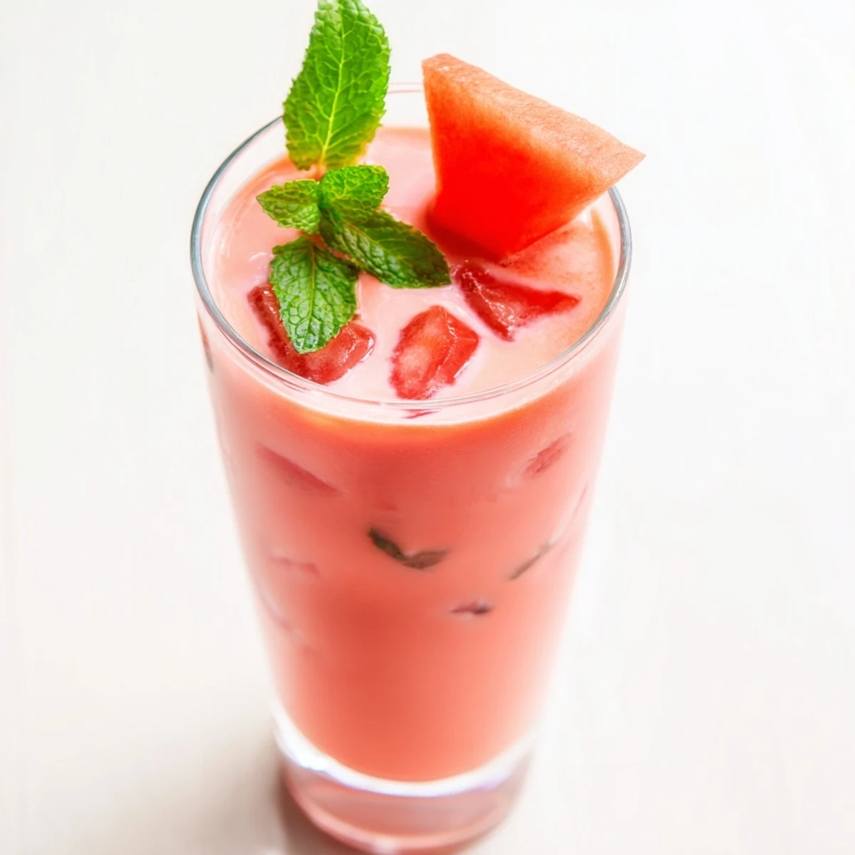 Creamy blended watermelon milkshake poured into glasses with ice cubes on wooden table