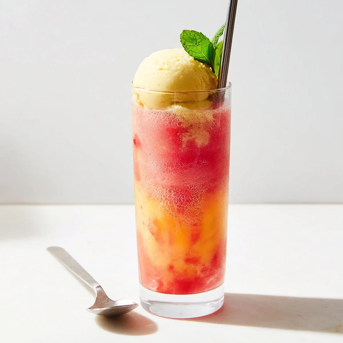 Refreshing watermelon mango float dessert drink featuring fruity puree topped with melting vanilla ice cream