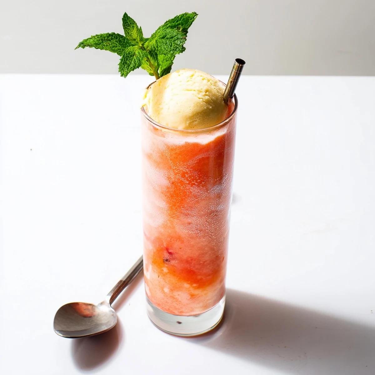 Tall glass of watermelon mango floats with vanilla ice cream scoop and fresh mint garnish