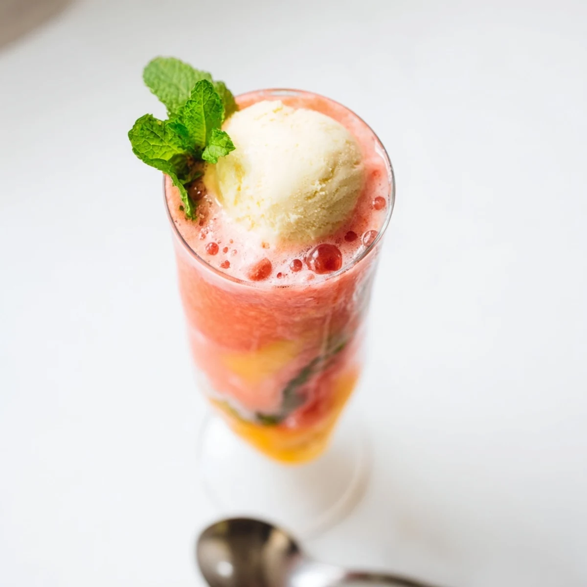 Creamy watermelon mango floats served in chilled glasses with sparkling soda and fresh mint sprigs