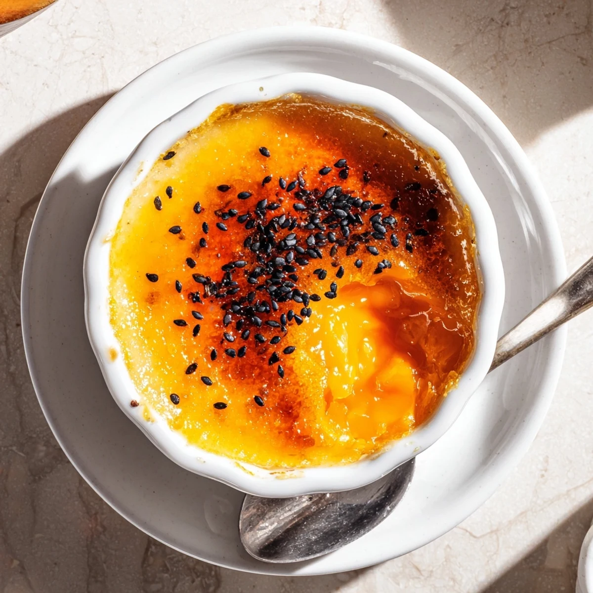 Golden caramelized sugar tops this creamy Japanese sweet potato crème brûlée with a cracked caramelized surface