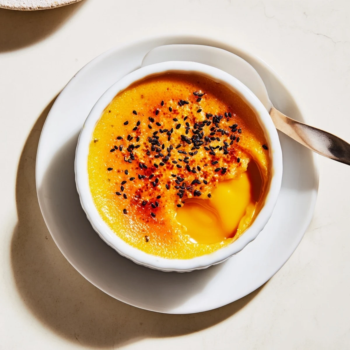 Silky smooth Japanese sweet potato crème brûlée served in white ramekins with a perfectly burnt sugar topping