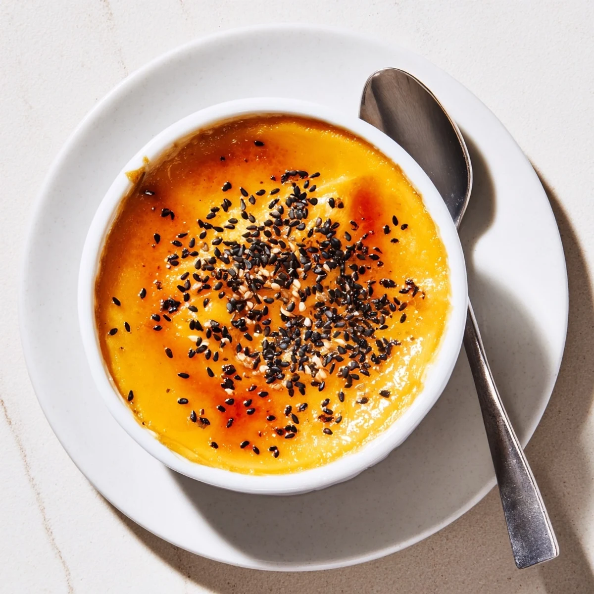 Rich custard infused with nutty Japanese sweet potato beneath a layer of crisp amber caramelized sugar