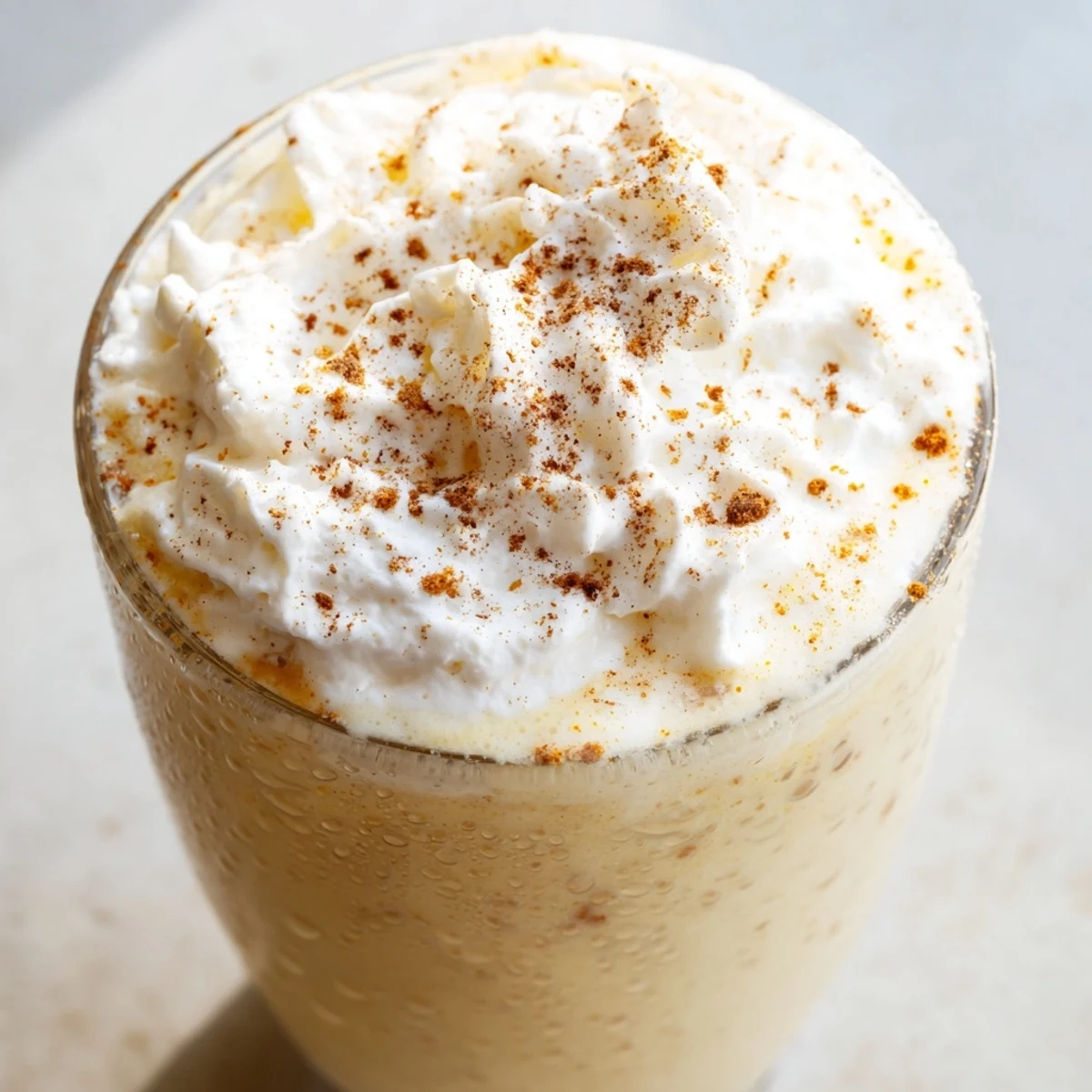 Festive glass of creamy low-carb eggnog garnished with cinnamon and vanilla spice