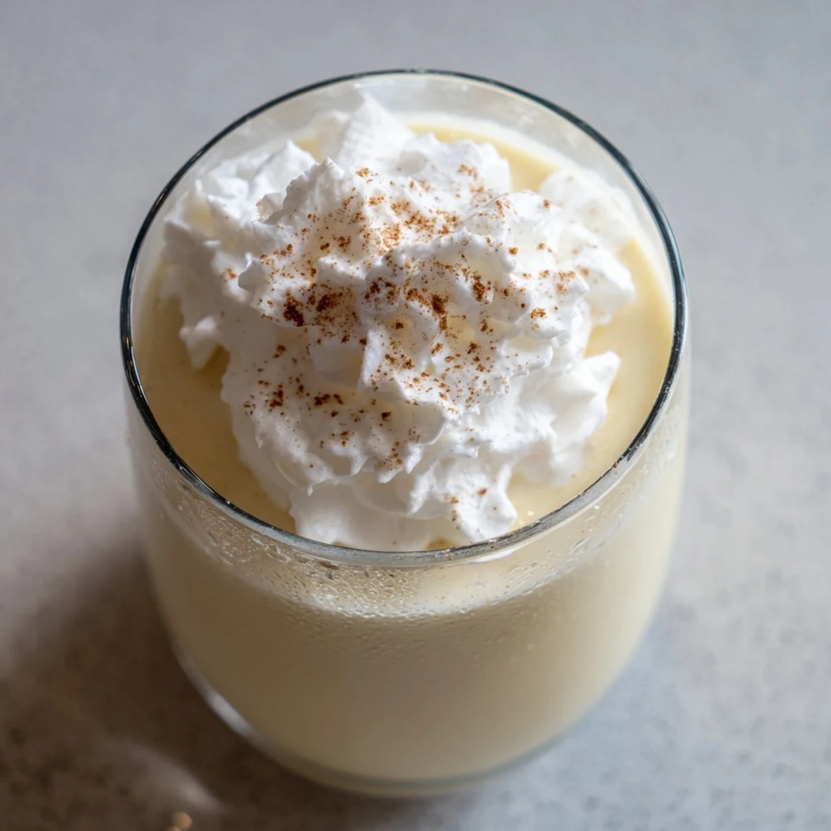 Homemade keto eggnog delight served chilled with whipped cream and holiday spices