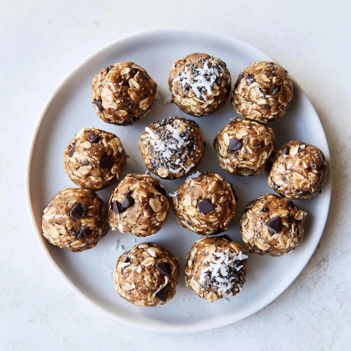 Bite-sized peanut butter energy balls topped with shredded coconut and flaxseed arranged on parchment paper