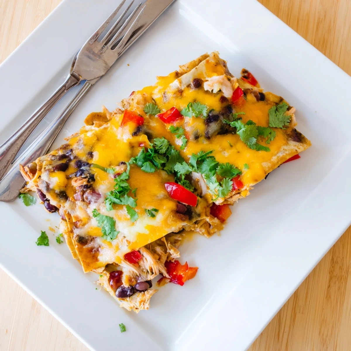 Sliced chicken taco lasagna revealing tender beans peppers and melted cheese between soft tortilla layers