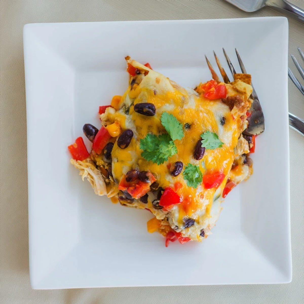 Family style creamy chicken taco lasagna garnished with fresh cilantro on a rustic wooden table