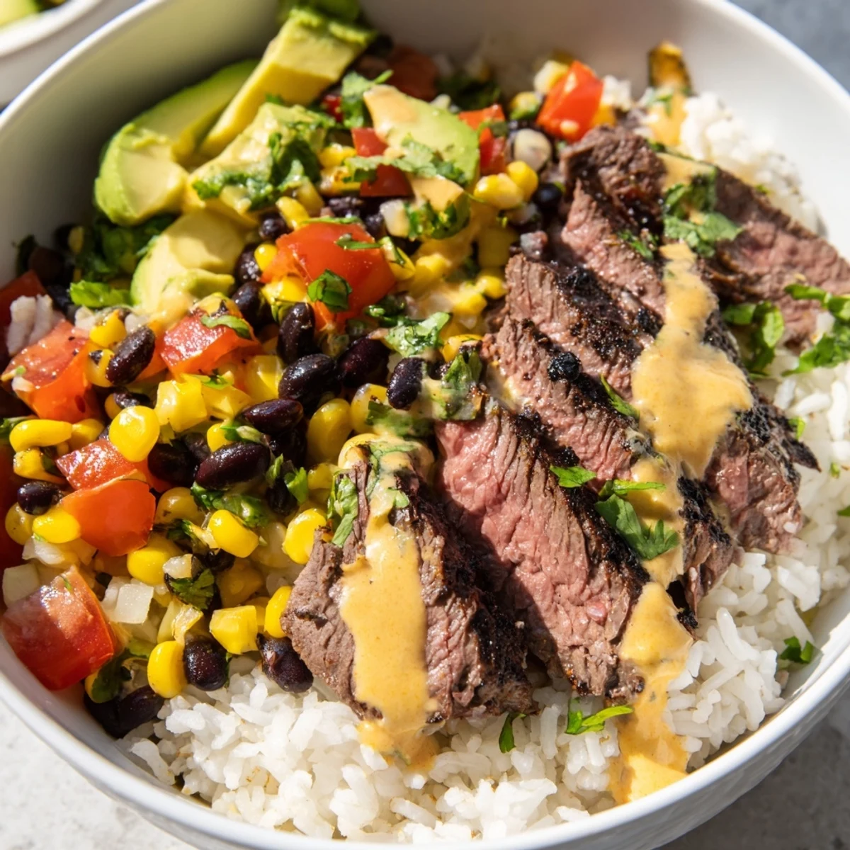 Sizzling steak queso rice bowl topped with creamy cheese sauce and fresh Tex-Mex garnishes