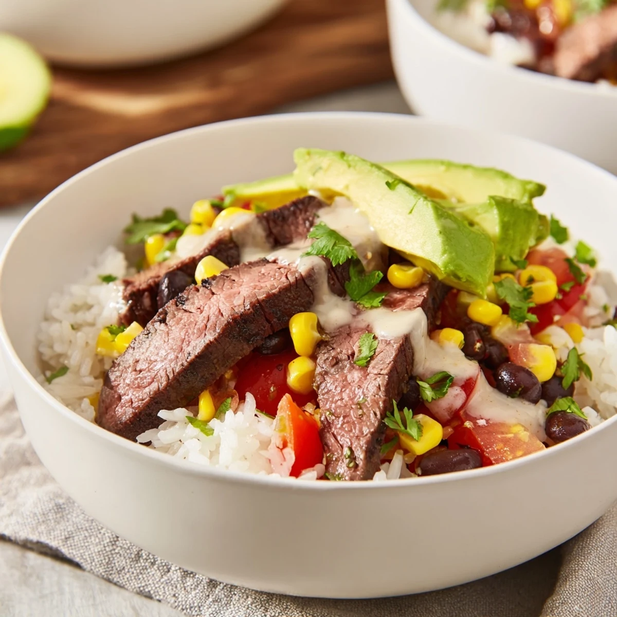 Caramelized steak slices over seasoned rice drizzled with warm homemade queso and lime