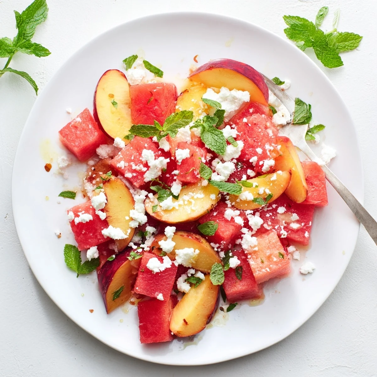Fresh peach watermelon salad in a white bowl topped with mint leaves and drizzled with citrus dressing