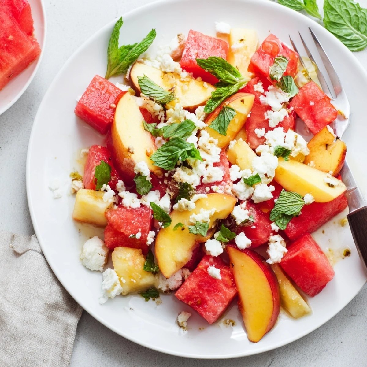 Colorful fruit salad featuring red watermelon chunks and golden peaches served on a wooden table for outdoor dining