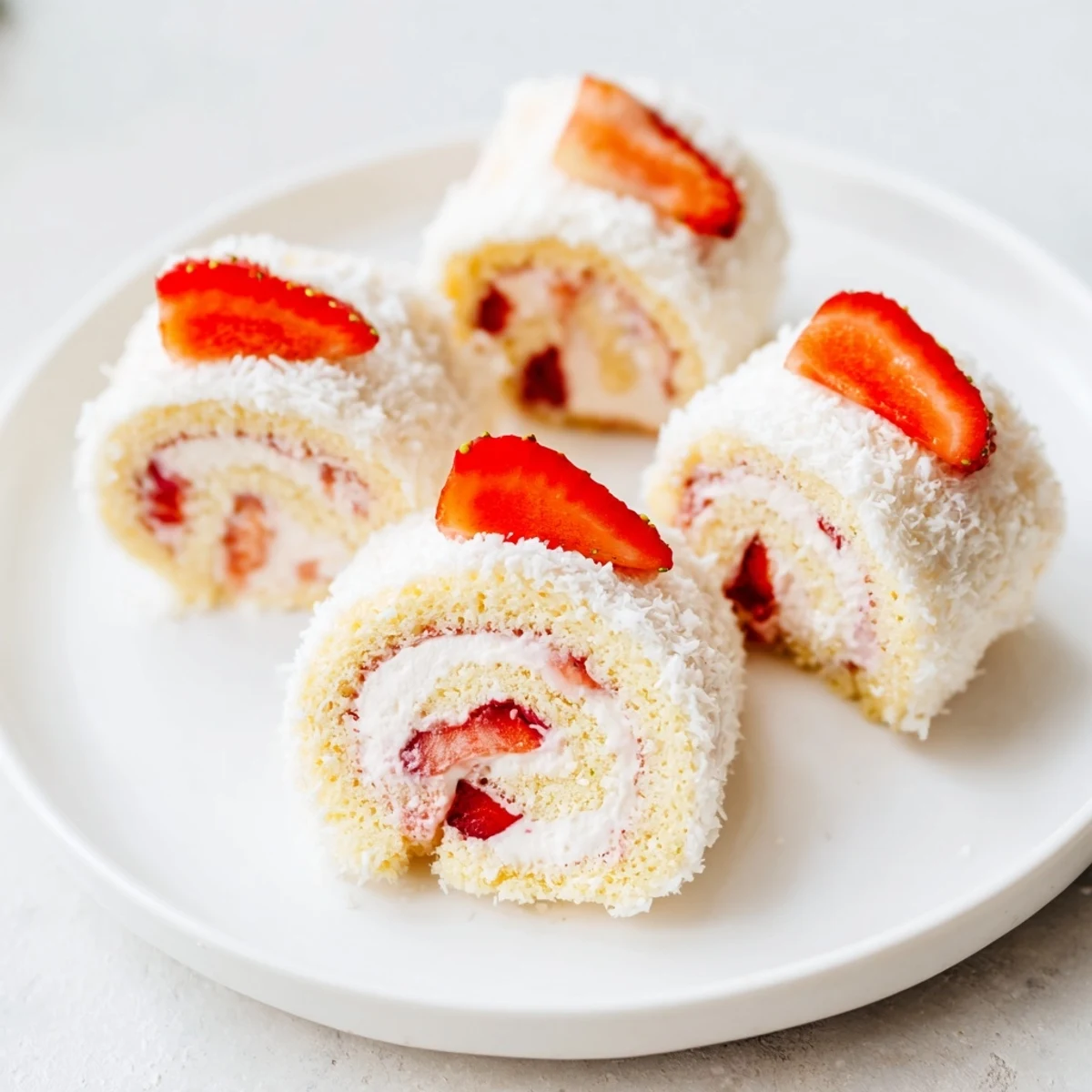 Bite-sized strawberry shortcake sushi rolls featuring fluffy sponge cake filled with sweet whipped cream and fresh diced strawberries