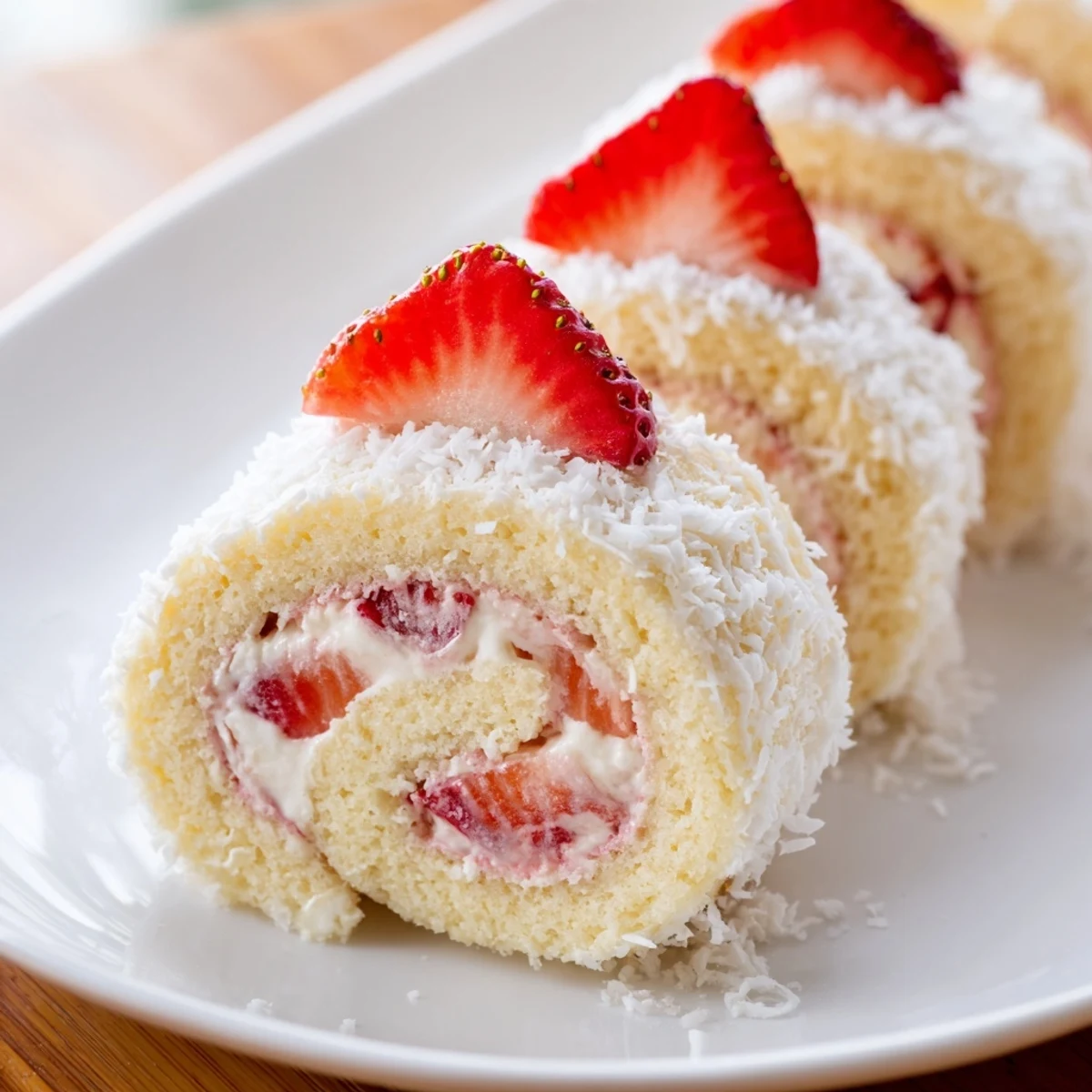 Whimsical dessert sushi rolls displaying spiraled vanilla sponge cake, strawberry cream filling, and coconut-dusted edges