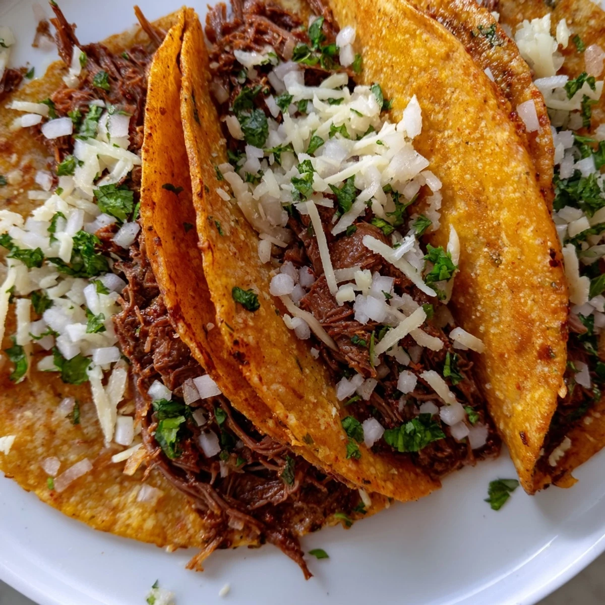 Crispy Birria Tacos filled with tender shredded beef and melted Oaxaca cheese