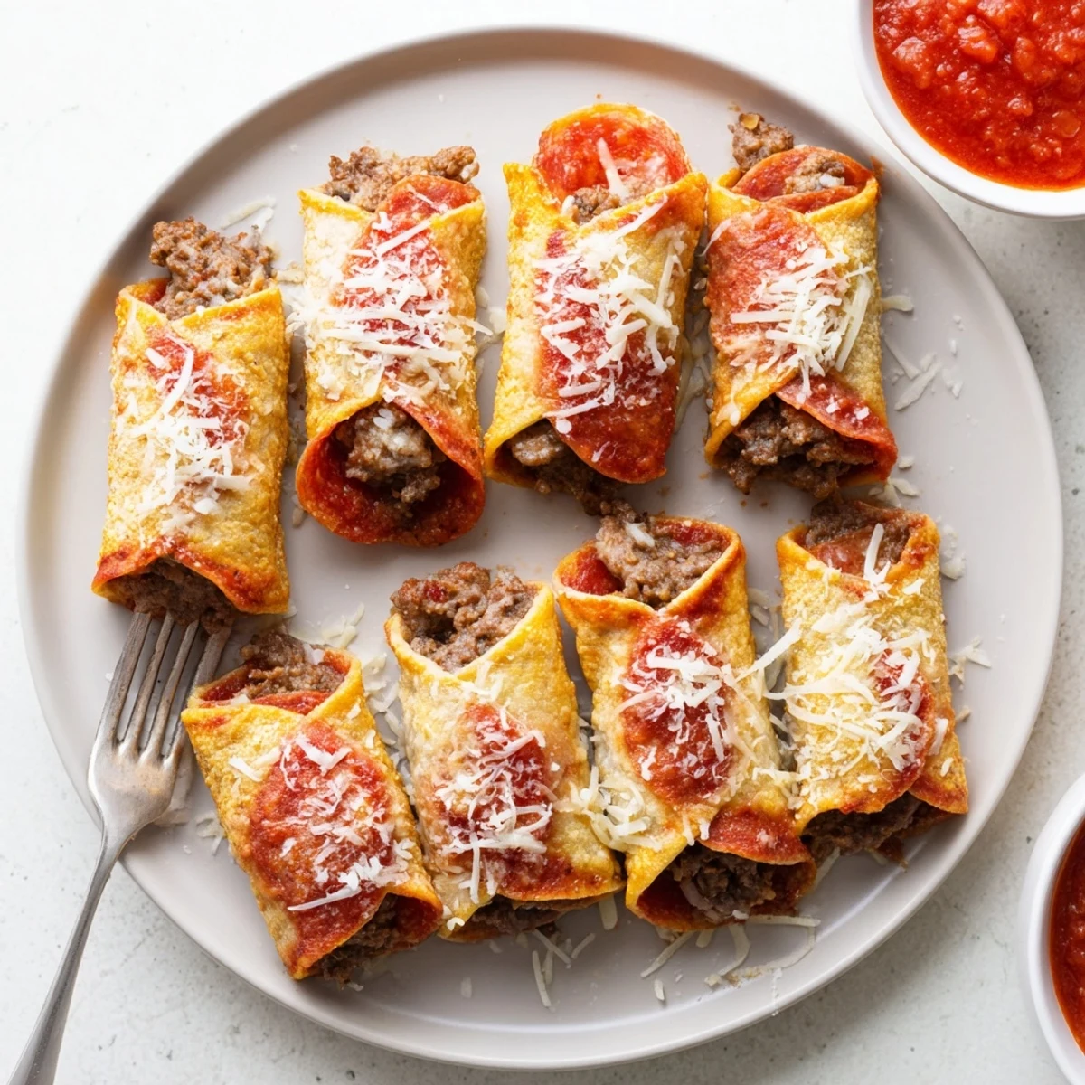 Golden baked keto beef pepperoni cheese roll ups with melted mozzarella and parmesan topping on a white baking sheet