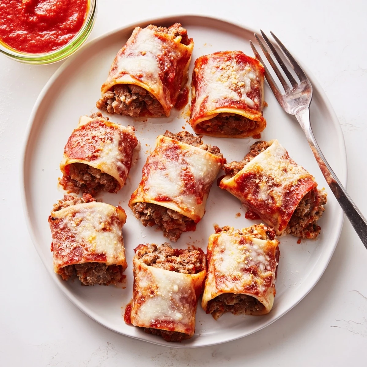 Savory low-carb beef roll ups stuffed with pepperoni slices and gooey cheese, ready for dipping in marinara sauce