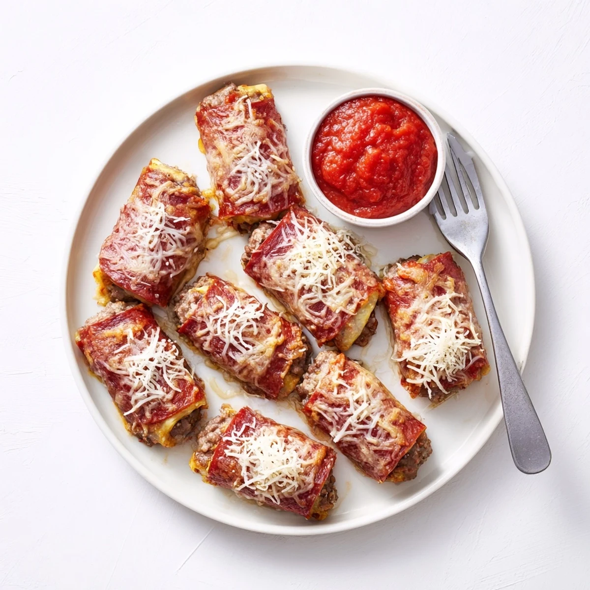 Cheesy keto beef pepperoni roll ups arranged on parchment, featuring a crispy browned exterior and savory Italian seasoning