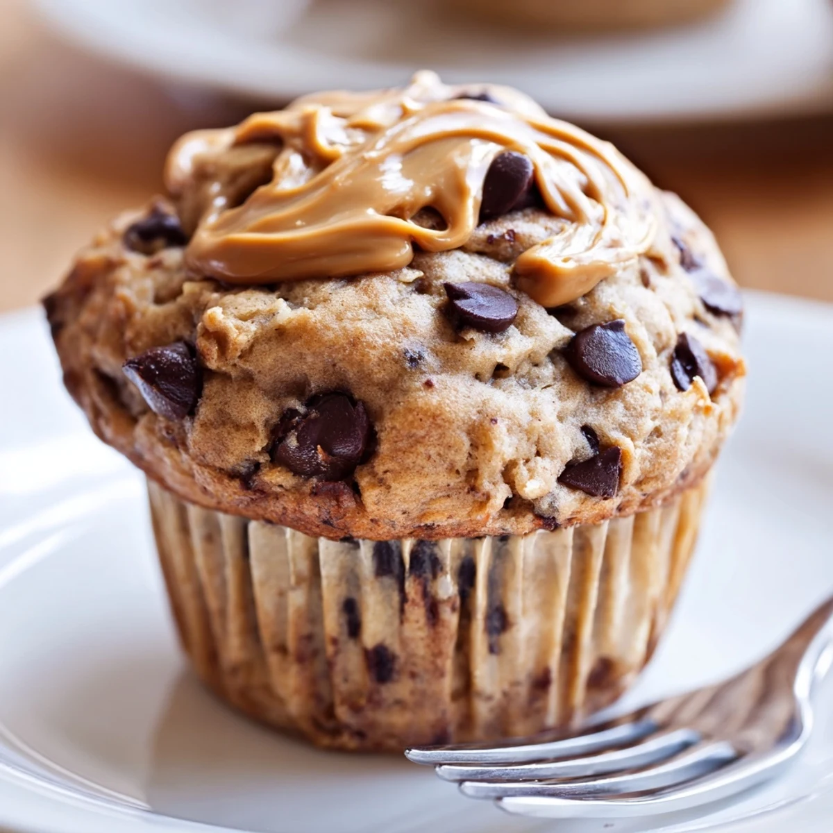 Golden peanut butter banana muffins with domed tops baked in a paper-lined muffin tin