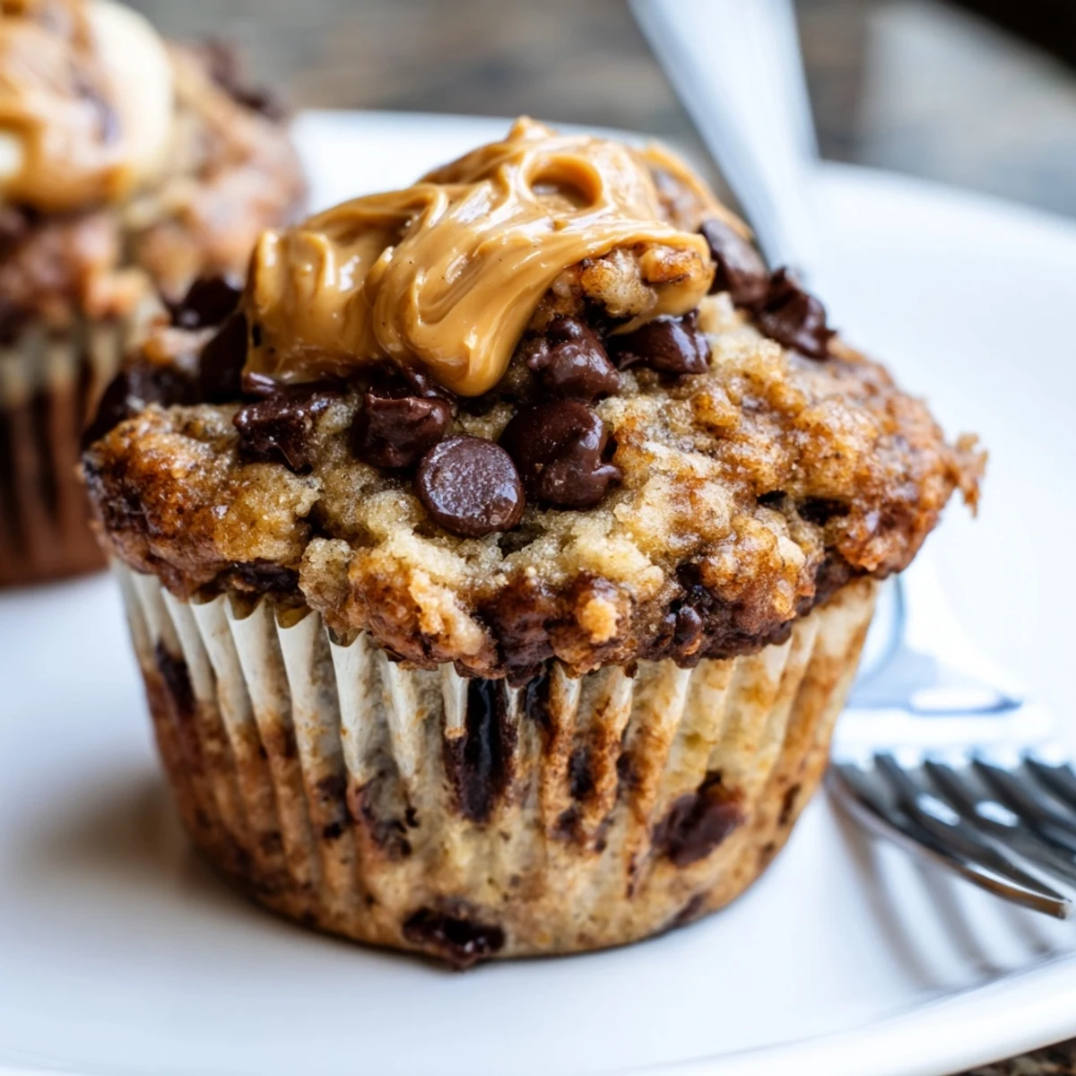 Freshly baked moist banana muffins swirled with creamy peanut butter on a wooden board