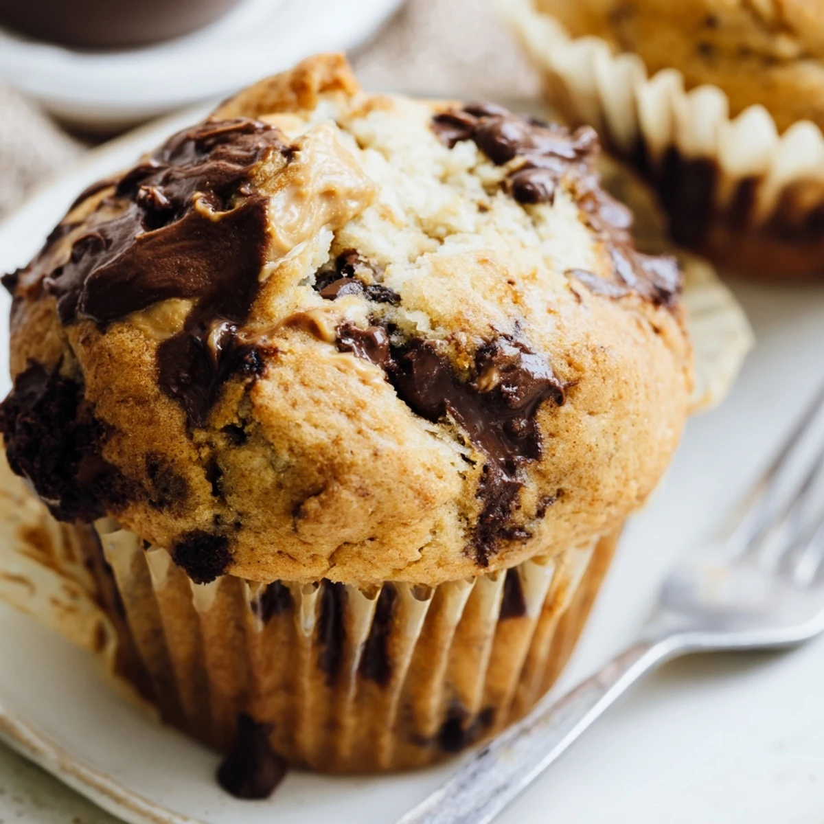 Stack of fluffy peanut butter banana muffins topped with golden-brown cracked crusts