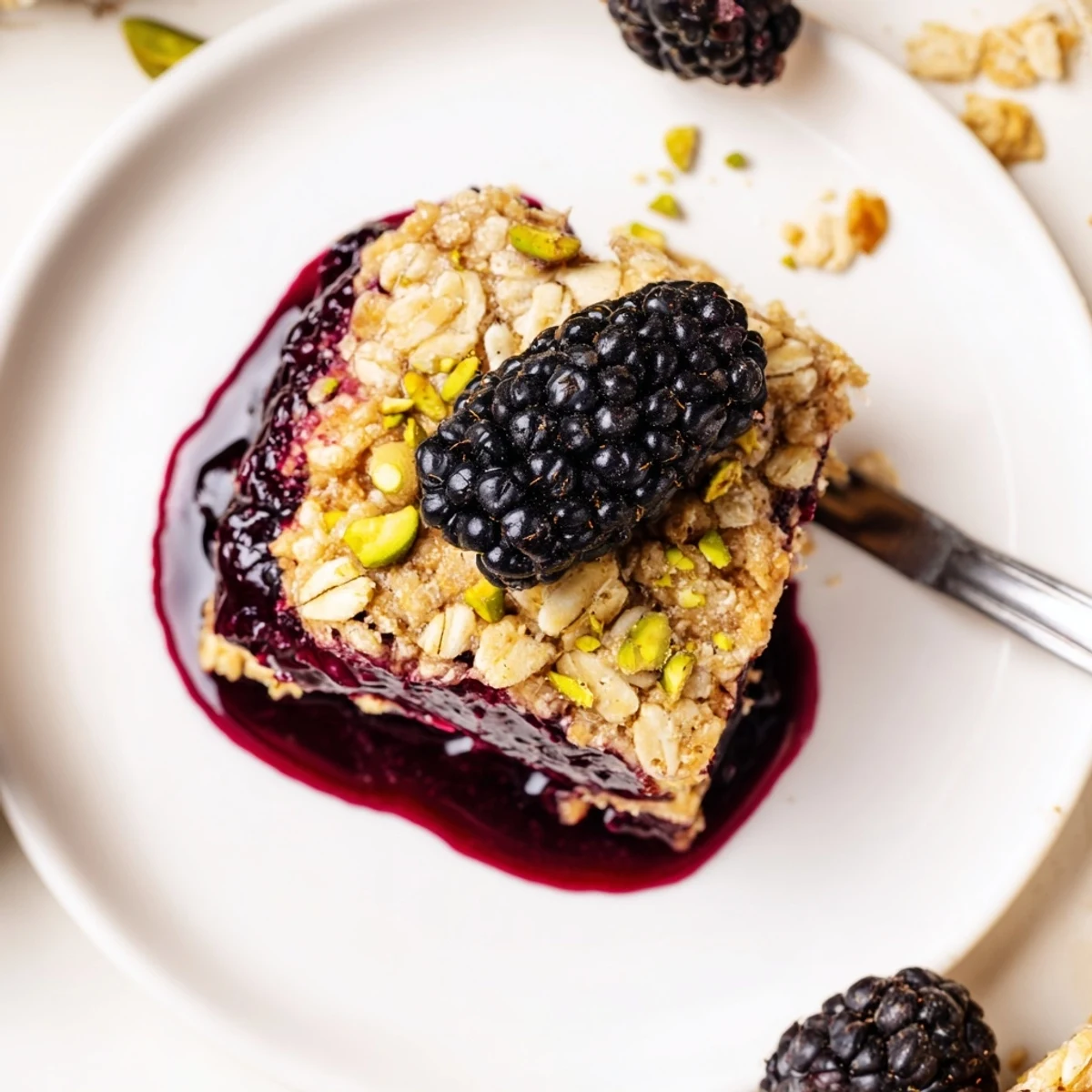 Slice of chilled Blackberry Pistachio Bars on parchment, nutty shortbread and tart berries