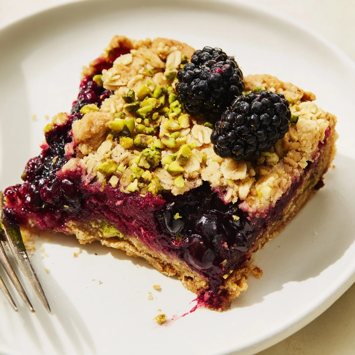 Warm Blackberry Pistachio Bars with golden streusel, juicy filling, crumbly pistachio base