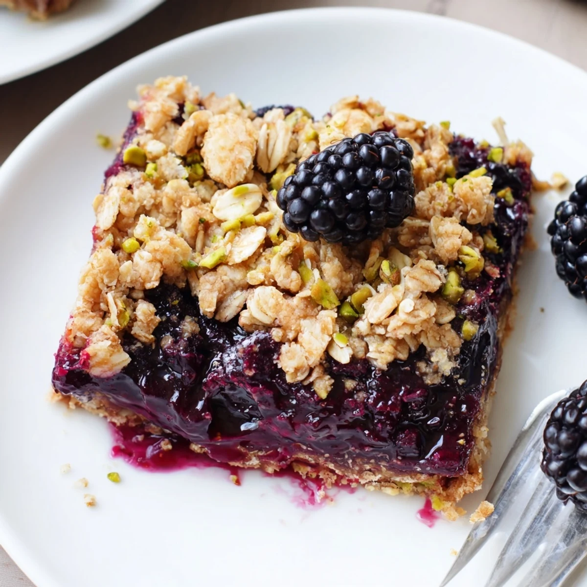 Plate of homemade Blackberry Pistachio Bars garnished with lemon zest, buttery crumble