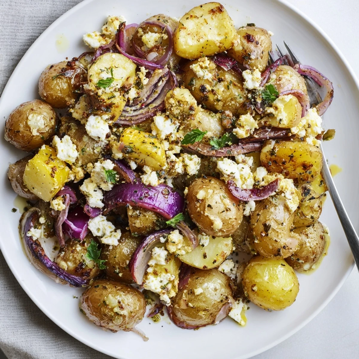 Warm Baked Feta Potatoes served with lemon zest and fresh parsley garnish