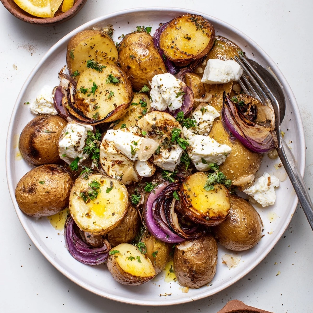 Baked Feta Potatoes: golden roasted rounds with melty feta and garlic aroma