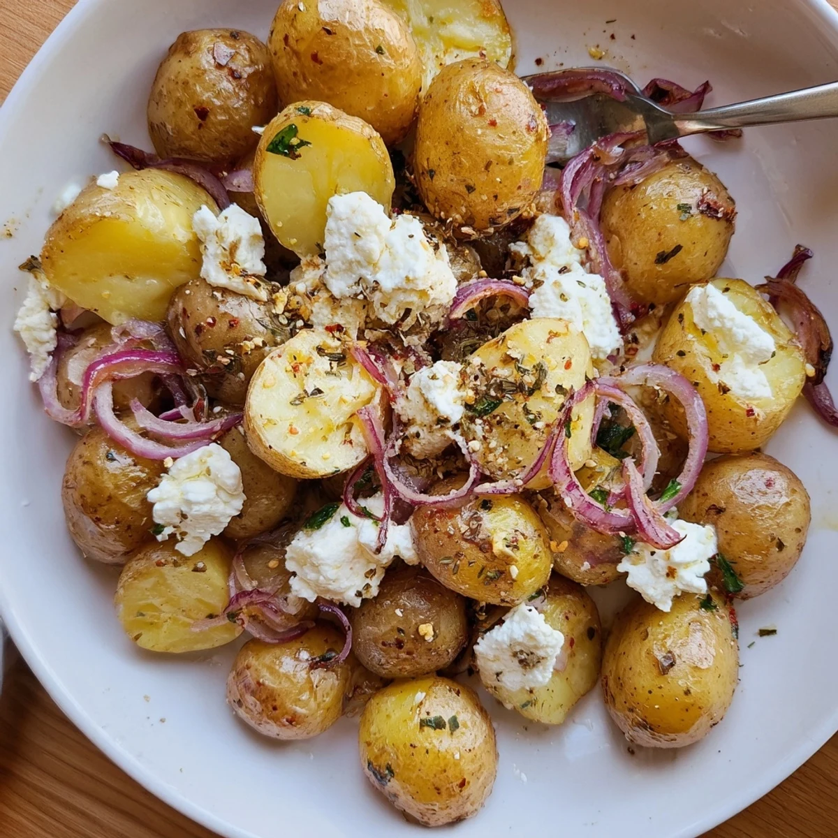 Oven-browned Baked Feta Potatoes steaming in a baking dish with crisp, golden edges