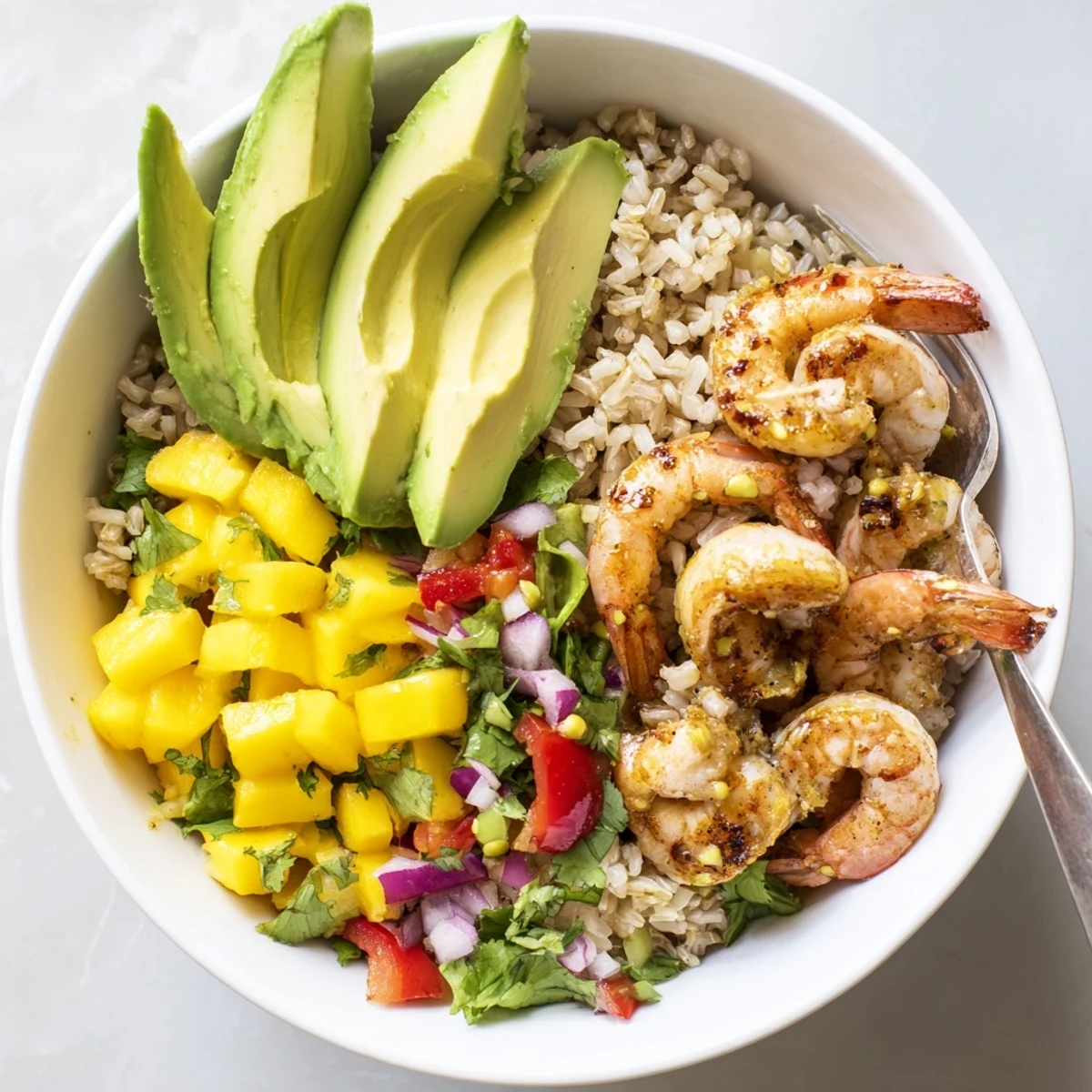 Bright Shrimp And Avocado Bowls With Mango Salsa Lime Chili Sauce, creamy avocado slices