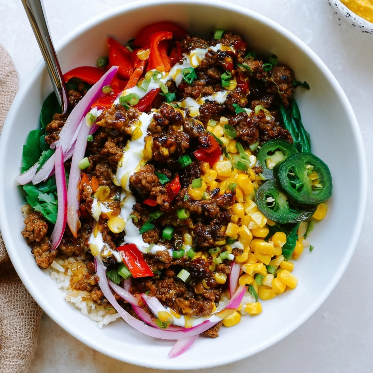 Viral Ground Beef Hot Honey Bowl with glossy honey drizzle, roasted peppers steaming