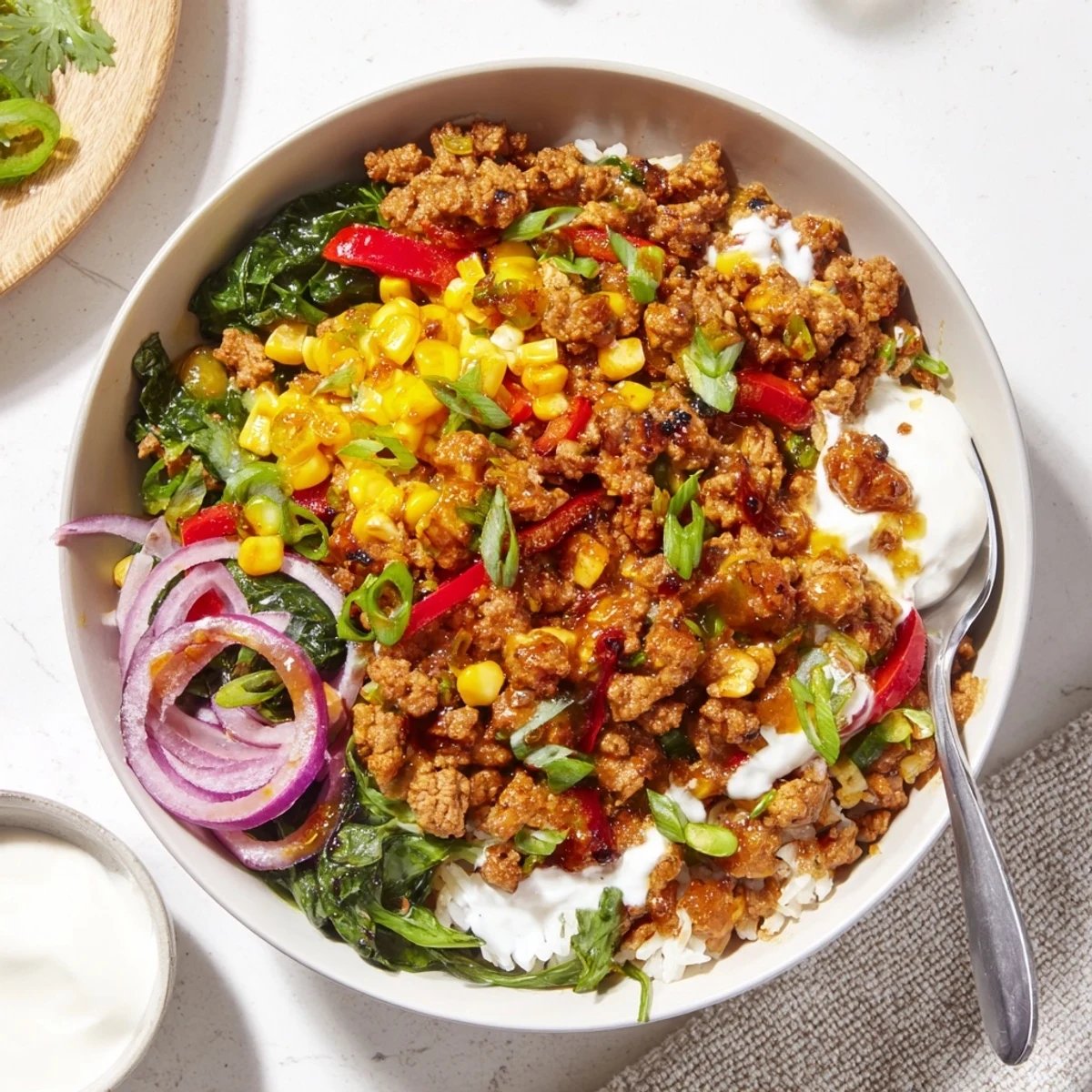Viral Ground Beef Hot Honey Bowl showcasing spiced beef, crisp corn, creamy yogurt drizzle