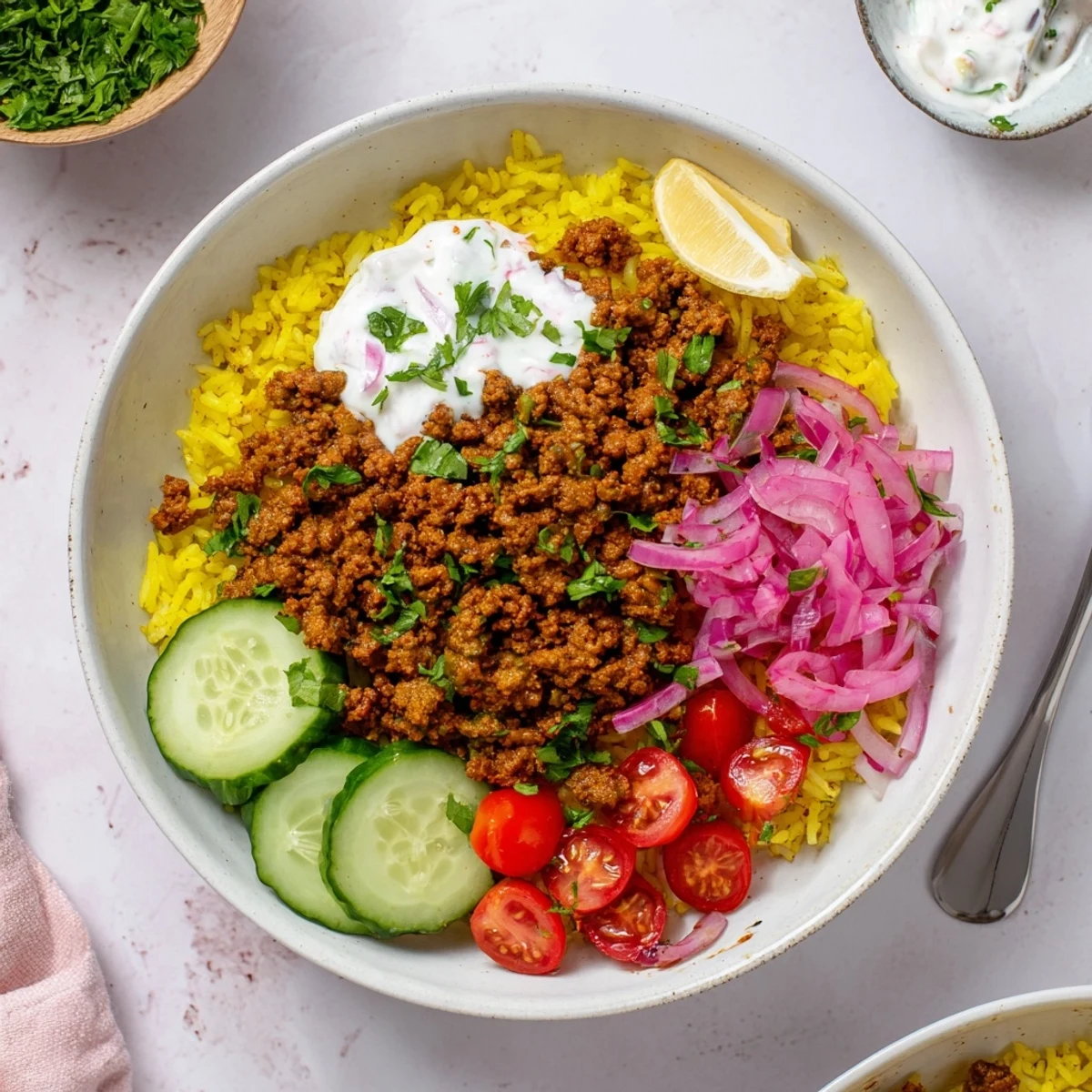 Sizzling spiced Ground Beef Shawarma Bowls topped with bright cucumber, tomato, parsley