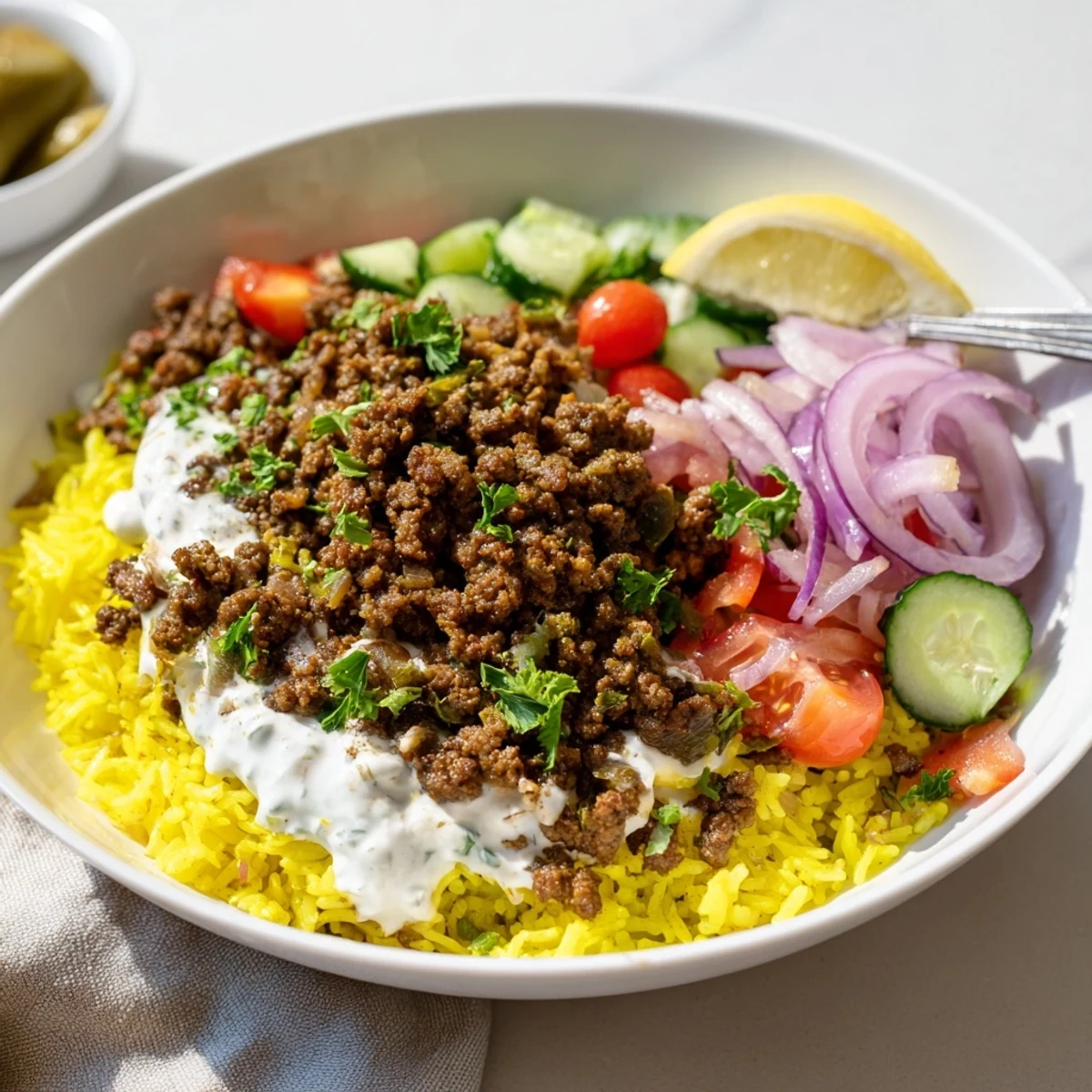Ground Beef Shawarma Bowls with fragrant turmeric rice and creamy garlic yogurt drizzle