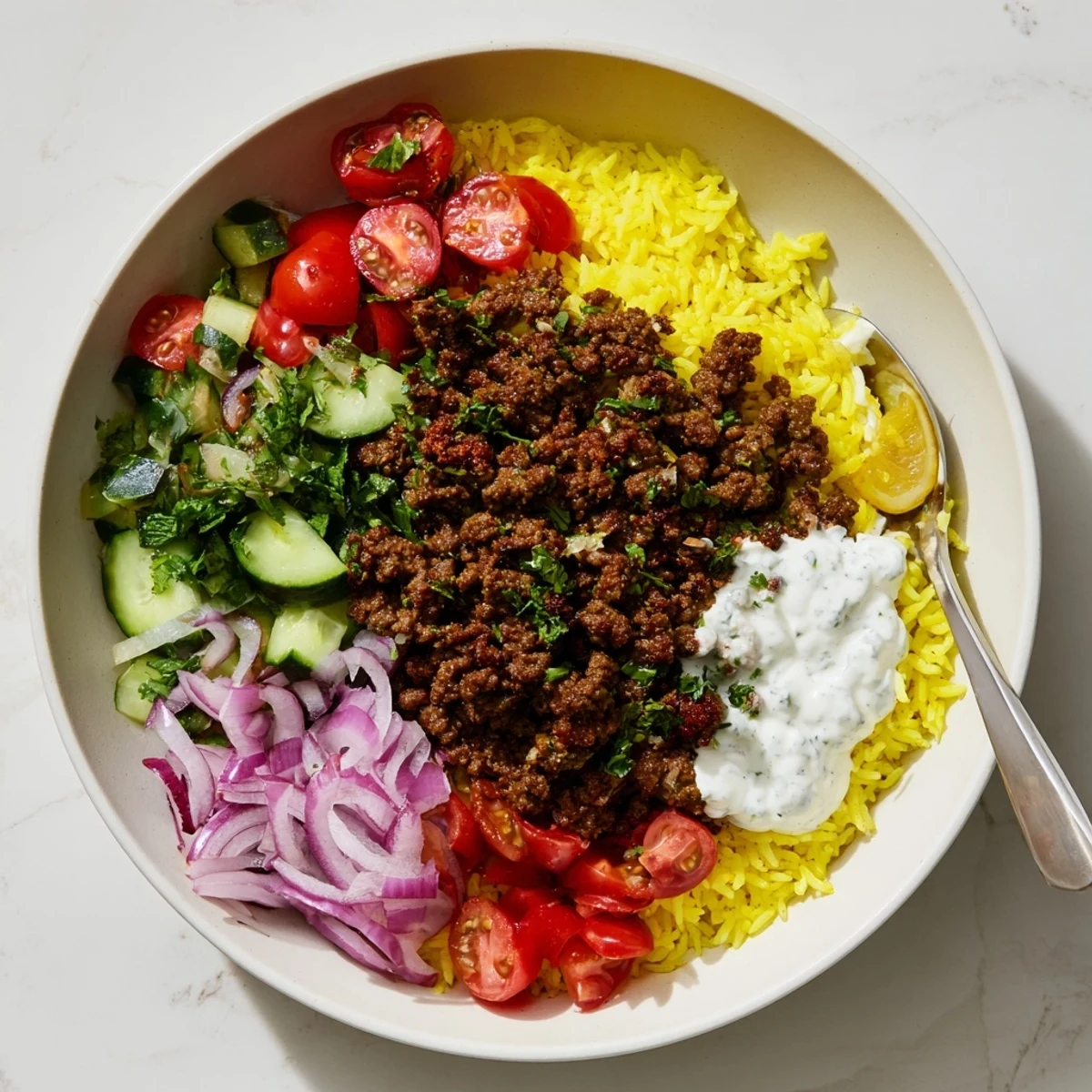 Hearty Ground Beef Shawarma Bowls served warm over turmeric rice, aromatic spices