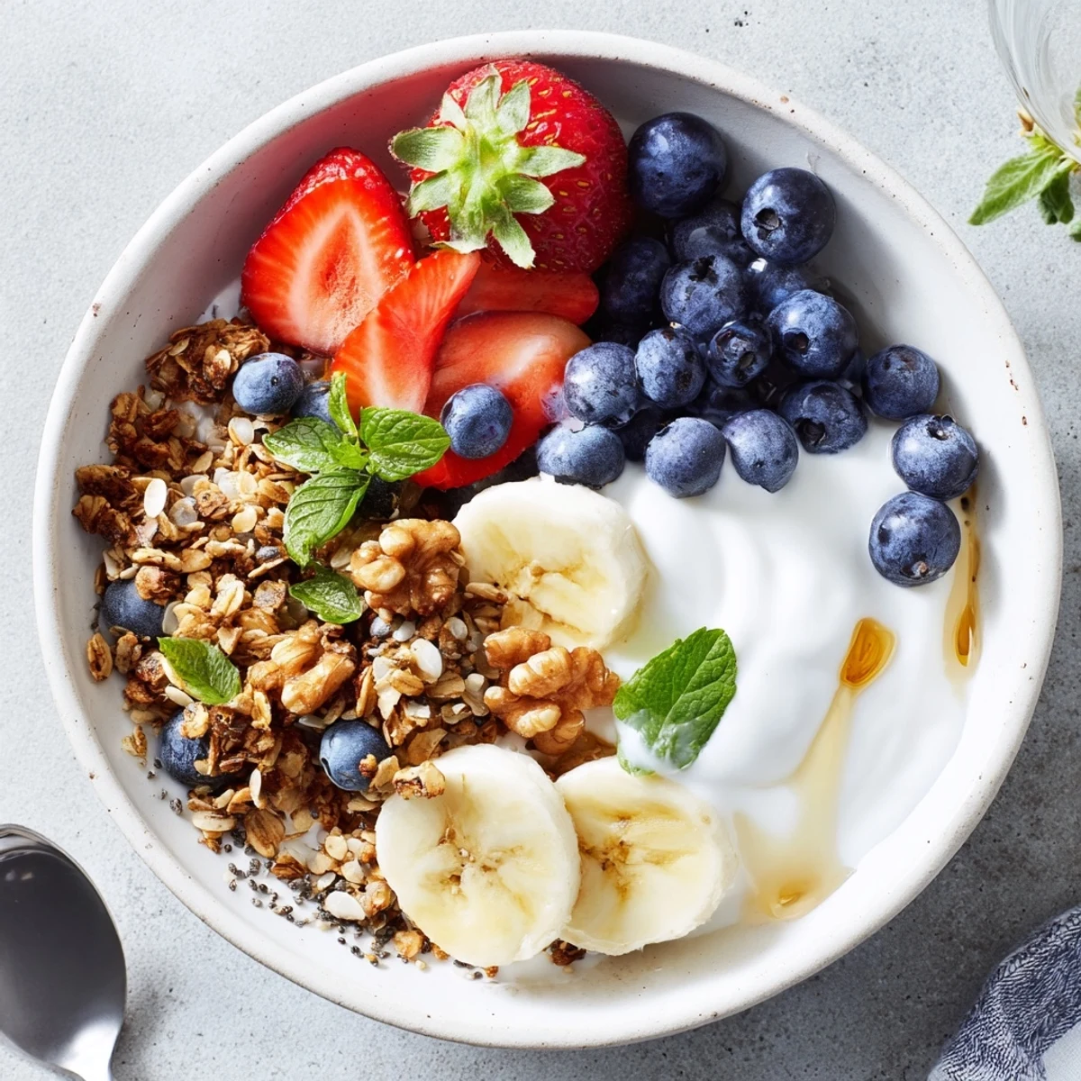 Blueberry Breakfast Salad with creamy Greek yogurt, crunchy granola, served chilled