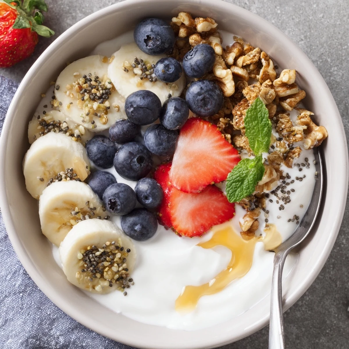 Colorful Blueberry Breakfast Salad bursting with juicy berries, sliced banana, granola