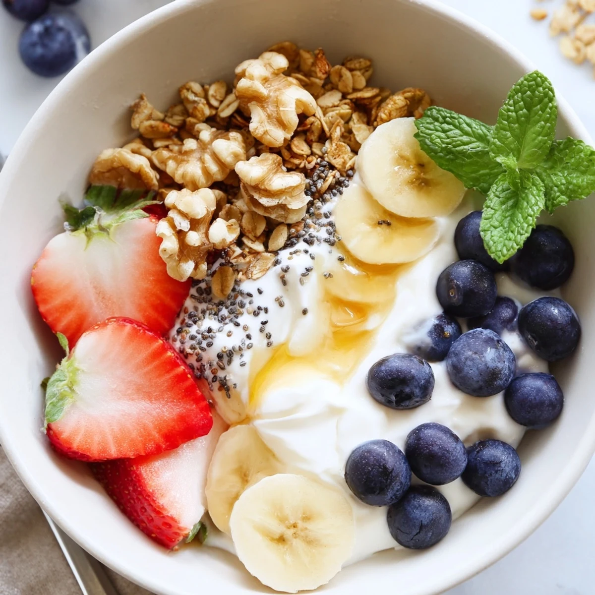 Bowl of Blueberry Breakfast Salad topped with honey drizzle and toasted walnuts