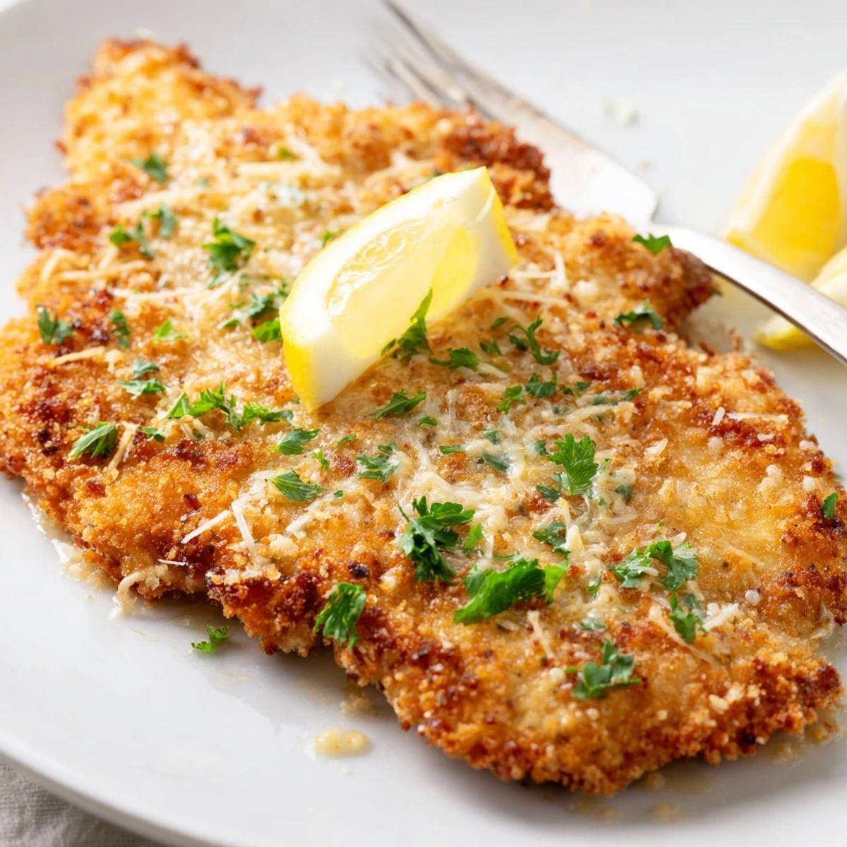 Lemon Chicken Romano Crispy Delight For Cozy Dinners served hot with parsley, lemon wedges